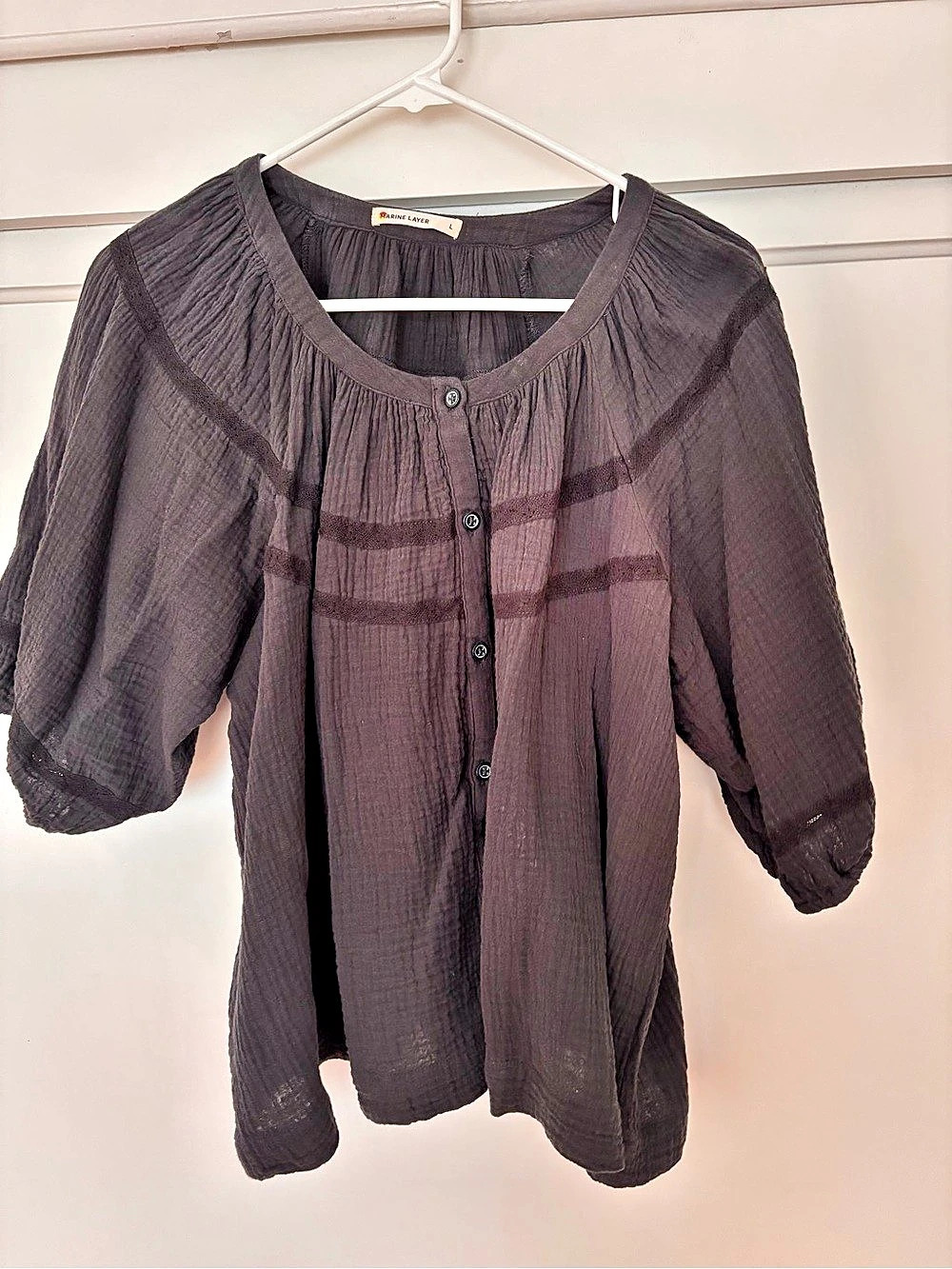 Marine Layer Sheer Button Front Blouse in Black Large